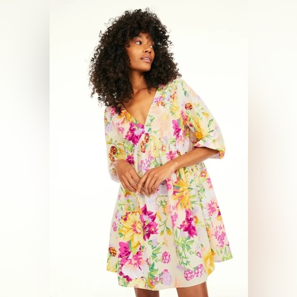 H&M -  Bright Floral Colorful  Deep V Neck Tie Back Mini Dress Size Medium - Picture 1 of 11